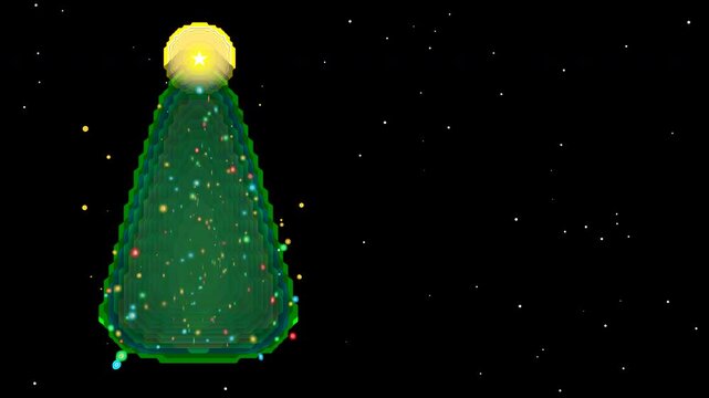Premium 10-second seamless 3D looping animation of a festive Christmas tree with an illuminated apex star topper, floating golden bokeh stardust, soft snowfall, and spacious clean copy space without t