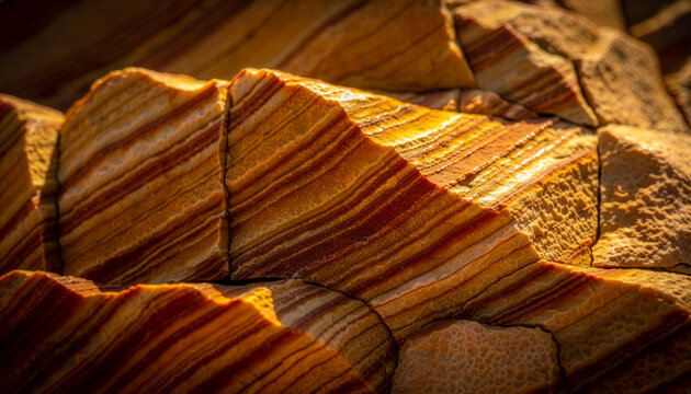 Golden sunlight illuminates the intricate striped layers and rough texture of a sandstone rock.