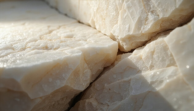 A close-up view reveals the rough texture and natural veins of broken white marble stones.