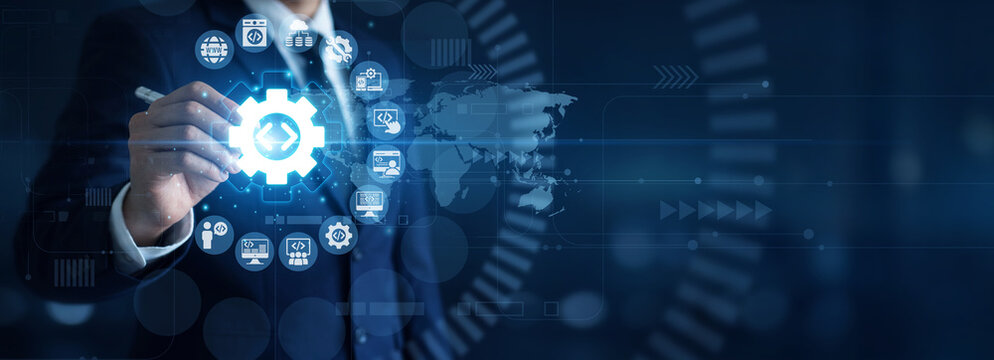 Coding solutions. Programmer point of Software Development using modern laptop analyzing backend architecture and agile project workflows on screen. Digital innovation.