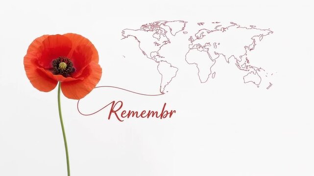 Elegant Remembrance Day animated greeting featuring a red remembrance poppy, world map line art, and the message Lest We Forget forming through a smooth drawing reveal animation .