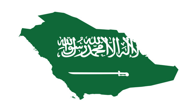 Saudi Arabia map vector illustration textured with national flag design including shahada arabic calligraphy script and traditional sword