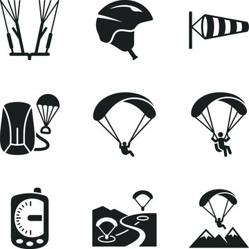 Set of minimalist black silhouette icons for paragliding, including control lines, helmet, windsock, backpack, parachutes, compass, and mountain landing scene, flat vector shapes