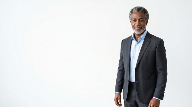 Portrait of confident mature black businessman in suit standing against white background with copy space