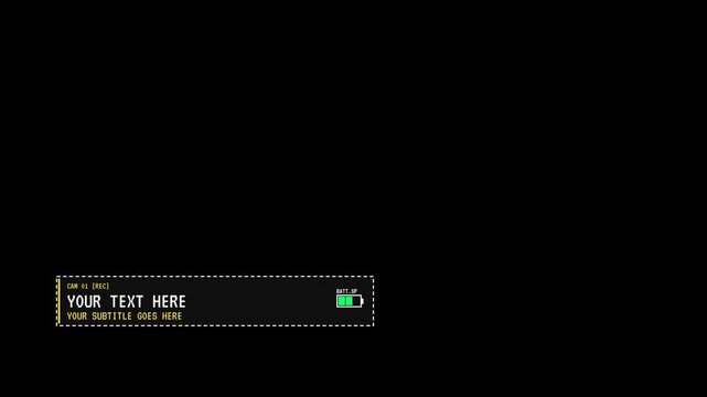 Lower third title banner animation with text box and battery icon on black background