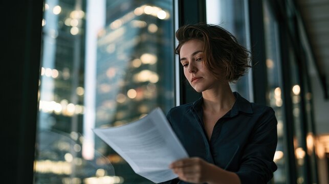 Focused Professional Reviewing Document: A young businesswoman with short brown hair intently reviews papers near a large window overlooking a cityscape at night.