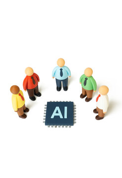 Group of business people surrounding an AI microchip. Technology investment. Artificial intelligence drives automation. AI technology and its implementation in business processes.