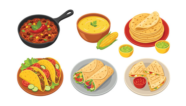 Traditional Mexican food vector collection with chili con carne tortilla wraps crunchy tacos quesadillas corn soup and guacamole