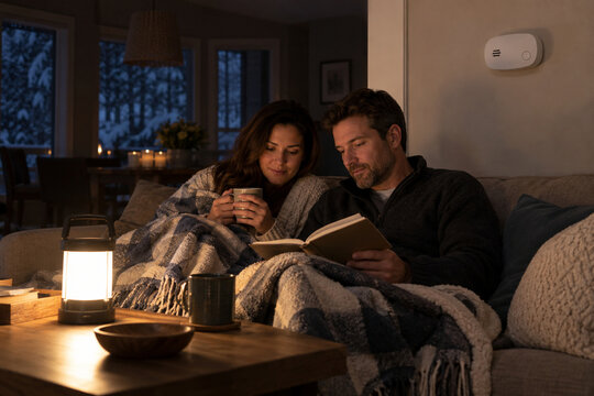 Couple using lantern during winter power outage at home