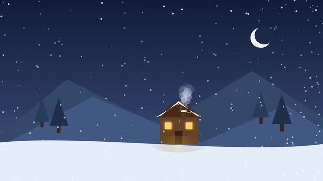 Cozy animated cabin in a snowy winter night landscape with falling snow and crescent moon