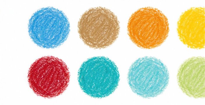 Eight multicolored circles drawn with oil pencils on white background. Bright wax crayon strokes create textured round shapes. Abstract art pattern with various colors including blue, red, orange,