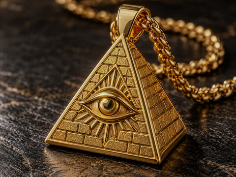 Gold pyramid pendant with all-seeing eye and luxury chain close-up