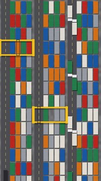 Top down container port yard gantry cranes loading trucks logistics seamless loop in rich daylight tones vertical 9:16