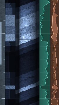 Geological drill core scrolling upward beside grain size and gamma ray wireline logs with lithology column in cool wireline tones vertical 9:16