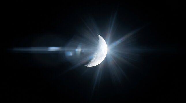 Crescent moon with lens flare in dark night sky