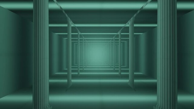 Wide Bay Stone Pillar Gallery Under Skylight Slots, Slow Zoom Out Pull Back Down the Aisle, Seamless Loop in soft jade tones