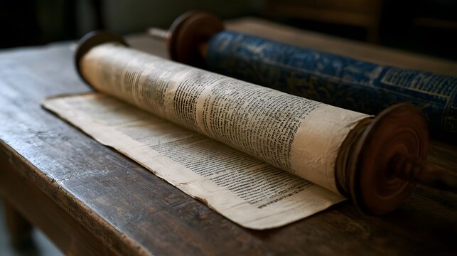 Two ancient scrolls with Hebrew text rest on a weathered wooden table  one partially unrolled  in warm ambient light