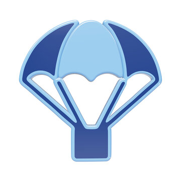3D blue and light blue drone delivery package icon with open parachute symbolizing aerial shipping and cargo transport isolated on a transparent background