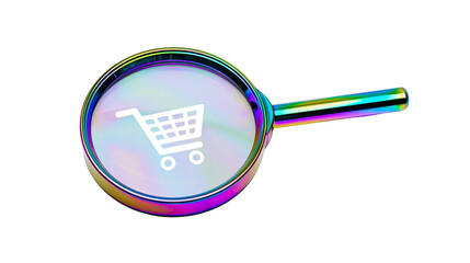 Magnifying glass with iridescent frame examining a white shopping cart icon, isolated on transparent background © picing