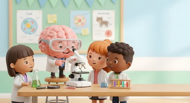 3D cartoon characters in lab coats with microscope and flasks