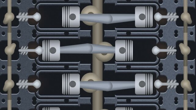 Slow Pan Down an Endless Engine Cutaway With Pistons, Connecting Rods and a Turning Crankshaft, Seamless Loop in soft oil tones