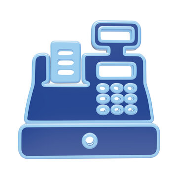 3D blue cash register icon with numeric keypad and receipt printer for embedded finance and retail checkout transactions isolated on a transparent background