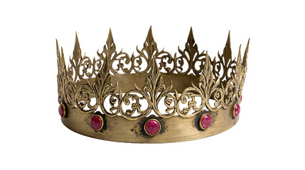 Ornate antique gold crown with red gemstones, isolated on transparent background © picing