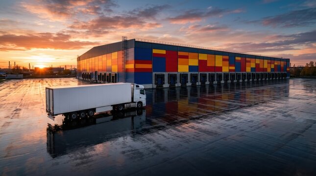 Semi truck parked at a colorful warehouse loading dock during a dramatic sunset