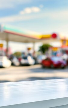 empty white table surface with a blurry background of a gas station and cars under a blue sky