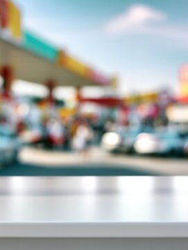 empty white tabletop with a blurred background of a gas station and cars under a bright sky