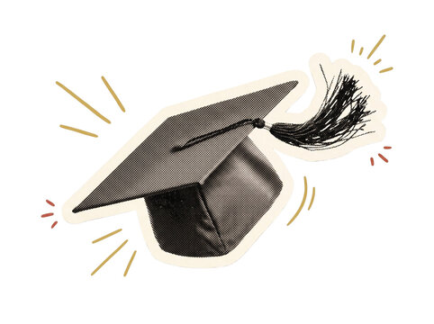 Graduation cap halftone sticker design with decorative tassel and spark lines isolated on checkered transparent background