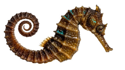 Detailed brown seahorse with curled tail and turquoise accents, isolated on transparent background © picing