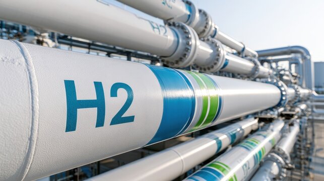 large white pipes with h2 hydrogen gas labels extend towards the horizon