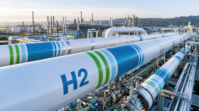 large white and blue pipes marked h2 at an industrial plant under a clear sky
