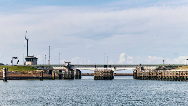Infrastructure and water management, Swing bridges near the Lorentz sluice in the Afsluitdijk on highway 7 in Kornwederzand, Netherlands