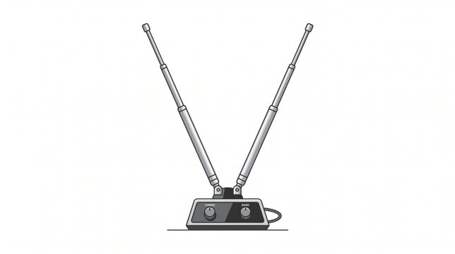 Vintage indoor TV antenna with adjustable rabbit ear poles isolated on white background
