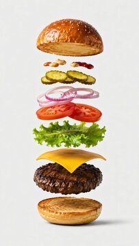 Deconstructed Levitating Cheeseburger Ingredients Isolated on Light Background. Vertical levitating view of deconstructed cheeseburger ingredients floating in midair.