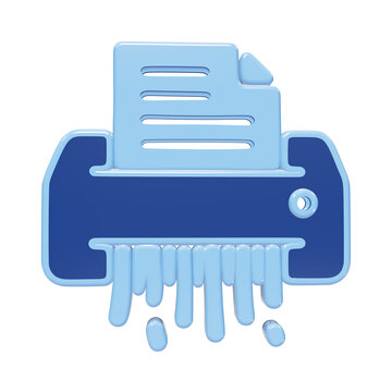 3D blue document shredder icon with paper strips falling down for data privacy and office security concepts isolated on a transparent background