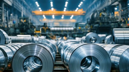 Fototapeta premium large industrial warehouse filled with huge reflective steel coils and machinery