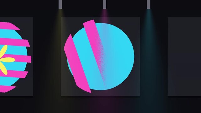 Stencil spray paint layers applied on panels production line process animation seamless loop in soft neon tones