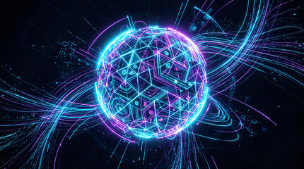 Fototapeta premium Abstract Glowing Cyan and Purple Geometric Wireframe Sphere with Fiber Optic Light Trails Global Network Technology Concept 
