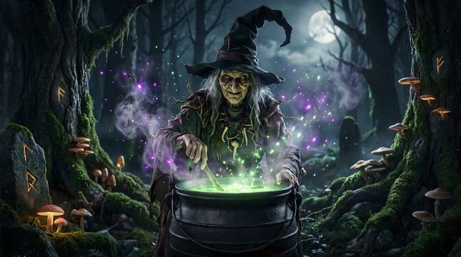 A spooky old witch stirring a magical glowing cauldron in a dark mysterious forest for a halloween celebration