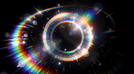 Fototapeta premium Vibrant Rainbow Lens Flare Rings with Star Particles on Black
