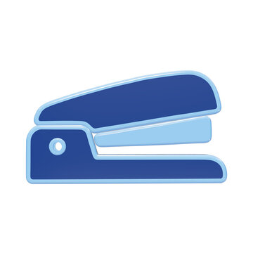 3D blue office stapler icon with light blue outlines for document binding and stationery concepts isolated on a transparent background