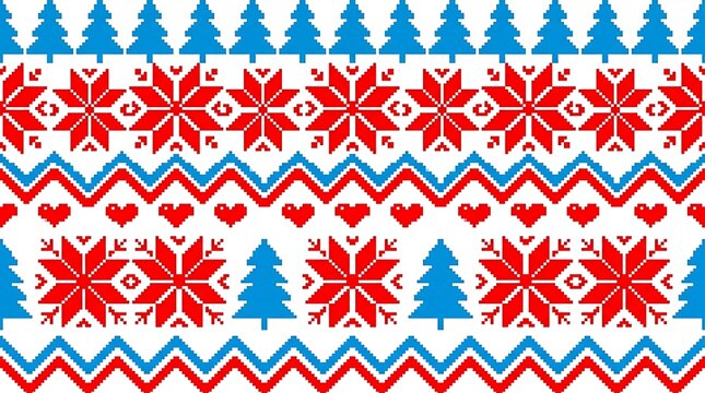 Seamless winter christmas pattern with pixel art red snowflakes blue trees and hearts