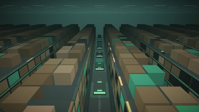 Automated warehouse racking aisles with robotic shuttles moving cargo boxes seamless loop in rich emerald tones