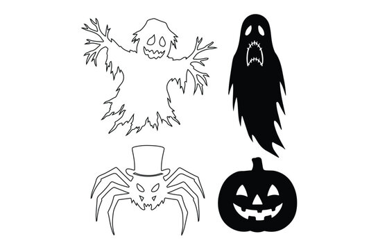 Halloween silhouettes of ghost spider pumpkin and wraith on white background