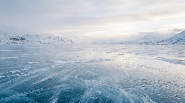 Sweeping view of frozen lake surrounded by snow-covered mountains  