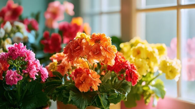 Potted primulas with vibrant blossoms sitting on a sunny indoor window ledge.