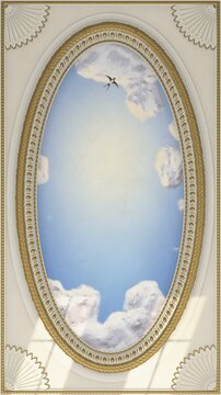 Baroque ceiling fresco with a painted sky, drifting clouds and flying swallows in a gilded oval stucco frame, vertical video seamless loop